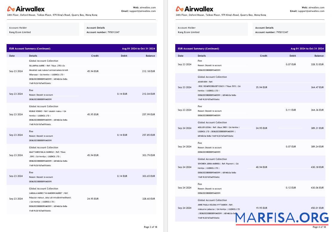 Printable Hong Kong Airwallex Limited account statement pages 2 real example